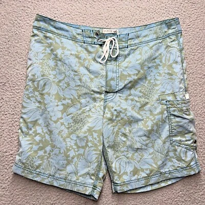 J.Crew Swim Trunks Mens 33 Blue Green Floral Mesh Lined Hawaiian Fish Shorts  - Image 1 of 4