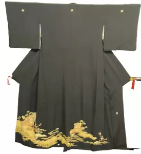 Carro canasta vintage japonés kimono tomesodo seda negro escudo familiar altura 59 pulgadas - Imagen 1 de 23