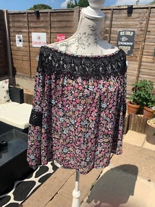 New Look black Floral Blouse with lace crochet detail Size 14 off on shoulder - Picture 1 of 5