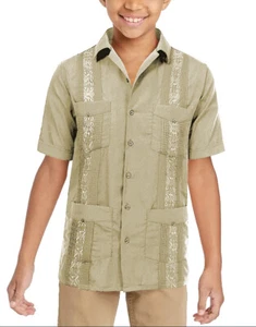 Boy's Embroidered Short Sleeve Wedding Baptism Kids Button-Up Guayabera Shirt - Picture 1 of 26