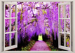 Beautiful Purple Flowers Roses Trees Way 3d Window Wall View Sticker Poster 323a - Picture 1 of 1