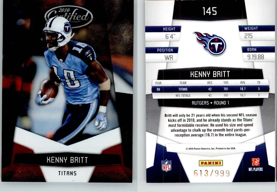 Kenny Britt 2010 Certified Platinum Red #145 /999 Titans - Image 1 of 1