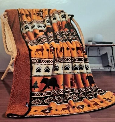 New Rust Orange Lodge Plush Fleece Throw Gift Blanket Sherpa Bear Paw Deer Cabin - Image 1 of 4