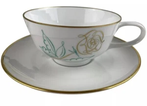 Easterling Spencerian Rose Teacups And Saucers Set Vintage Set Gold Teal Bavaria - Picture 1 of 7