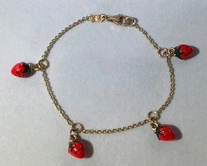 14k Gold & Enamel Strawberries Childs Charm Bracelet 6-1/4” Long by FAB Gobbetti - Picture 1 of 6