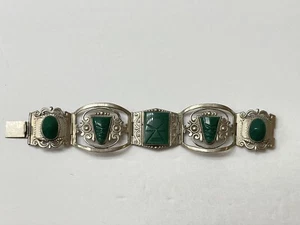 Vintage 1940’s Mexico Taxco Sterling Silver 925 and Carved Green Onyx Bracelet - Picture 1 of 8