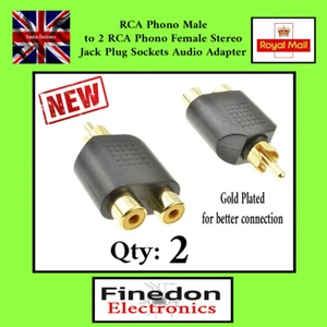 2x Phono Splitter Gold Plated Joiner Adapter 2 (TWIN) RCA Sockets to RCA Plug - Picture 1 of 1