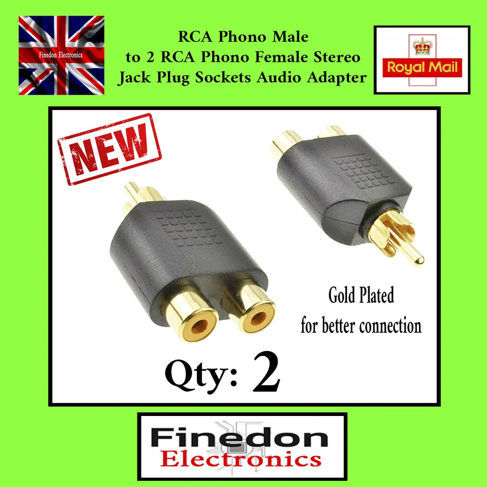 2x Phono Splitter Gold Plated Joiner Adapter 2 (TWIN) RCA Sockets to RCA Plug - Image 1 of 1