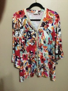 LOGO Lori Goldstein Top blouse Sm  Floral Print Button Front Lace Accent Pockets - Picture 1 of 5
