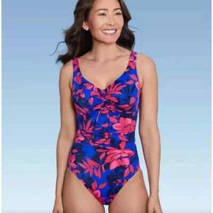 Aqua Green® UPF 50 Cinch-Front One Piece Swimsuit - Multi Floral Print S (4-6) - Picture 1 of 19