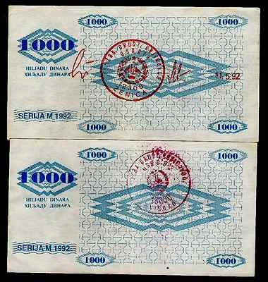 BOSNIA & HERZEGOVINA - 2 X 1000 DINARA - P8f & P8g - 1992 - VISOKO + ZENICA - VF - Image 1 of 2