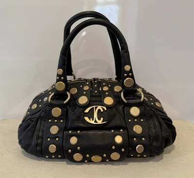 Just Cavalli 黑色皮革手提包 铆钉金色五金件 — 第 1/4 张图片