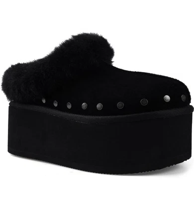 Candie's Sabi Faux Fur Platform Mule Clogs Size 7 Black Suede Studs NEW - Image 1 of 4