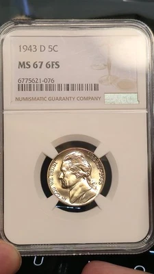 1943 D DENVER JEFFERSON SILVER WAR NICKEL MS67 6FS 6 FULL STEPS LUSTEROUS BLAZER - Image 1 of 4