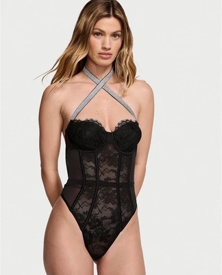 Victoria's Secret 36DD 38D XL TEDDY bodysuit one-piece BLACK SHINE STRAP halter - Image 1 of 4