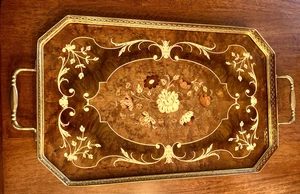 Bandeja para servir vintage MC italiana marquetería Sorrento Mayflower con mango con incrustaciones de madera - Imagen 1 de 10