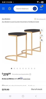 The Zuo Modern Louis Counter Stool,  a set of two,black and gold color scheme. - Image 1 of 4