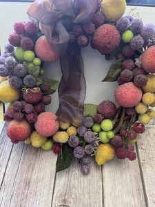 Vintage Beaded Fruit Grapevine Wreath 13” Multicolor Berries Ribbon Bow - Picture 1 of 4