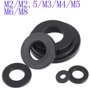 M2 M2.5 M3 M4 M5 M6 M8 schwarz Nylon Kunststoff flache Unterlegscheiben passend für metrische Schrauben/Schrauben - Bild 1 von 4