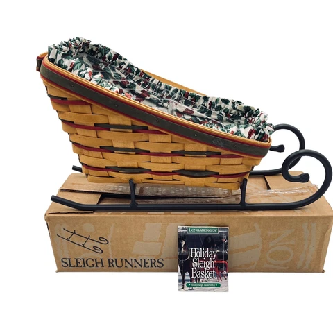 Longaberger 1998  Large Holiday Sleigh Basket With Runners Holly Liner Protector Cover