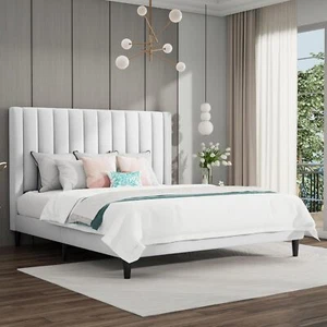 Queen Bed Frame Velvet Upholstered Platform Headboard Strong Wood Slats Support - Picture 1 of 6