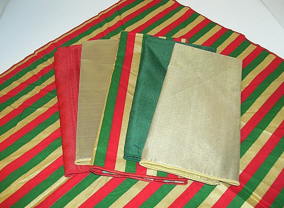 Lot 6 Christmas Napkins /Table Toppers 2 Stripe 2 Gold Silk - 1 Red 1 Green Poly - Image 1 of 1