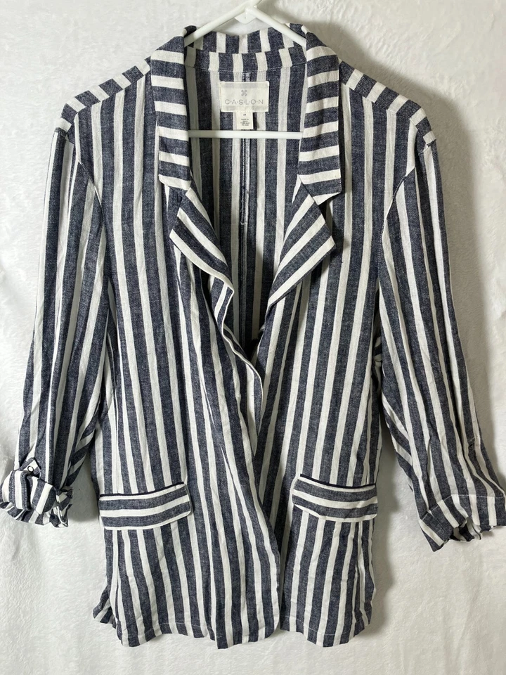 Chaqueta Blazer CASLON Rayas Mezcla Lino Talla Grande 2X Frente Abierto Playa Costera Foto 1 de 4