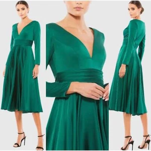 Mac Duggal Long Sleeve A-Line Midi Dress In Emerald Green 67527 Size 6 New - Picture 1 of 15