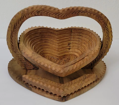 Vintage Artisan Made Carved Wood Folding Collapsible Heart Shaped Bowl Basket Cover