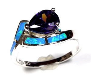 1.25 Carats Amethyst & Blue Fire Opal Solid 925 Sterling Silver Ring Sz 6,7,8,9 - Picture 1 of 3