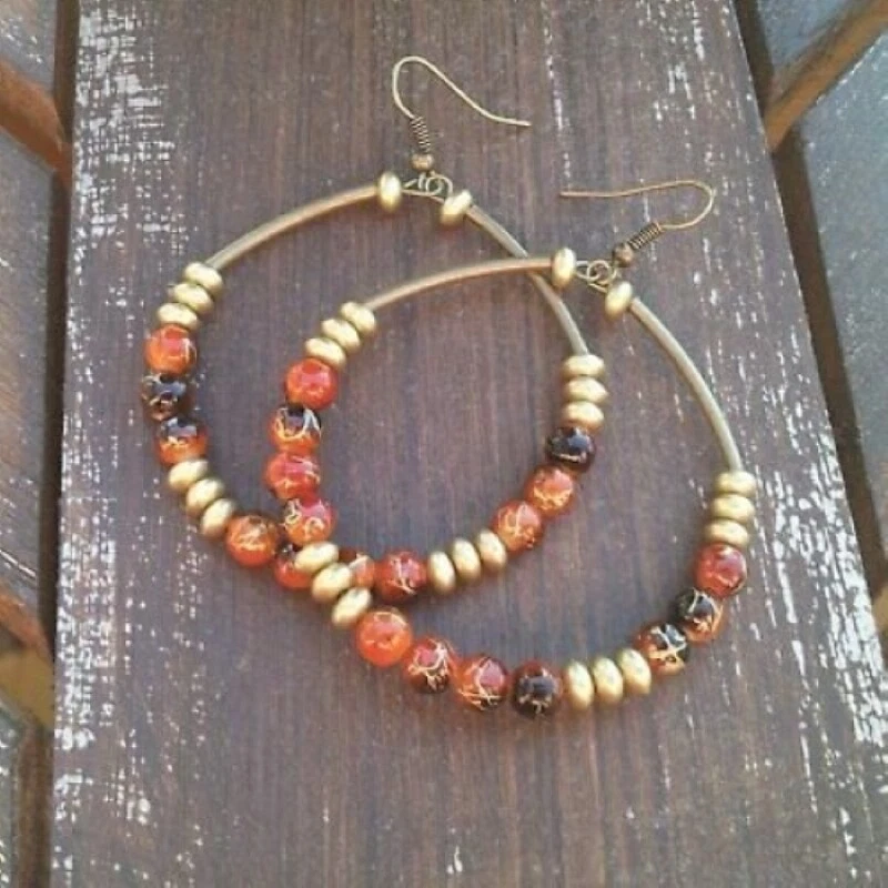 Pendientes de aro artesanales con cuentas grandes de 3" de largo latón envejecido oro naranja quemado Foto 1 de 1
