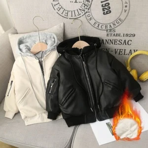 1-8 Year Winter Boys Leather Jacket Thick Warm Cotton Kid Coat Waterproof Zipper - Picture 1 of 14