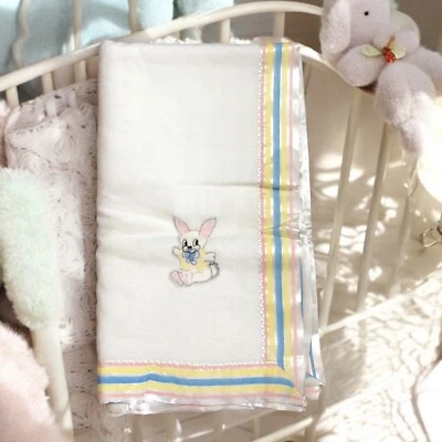 Vintage Baby Blanket White Acrylic Pink Blue Yellow ￼Satin Binding Bunny Unisex - Image 1 of 4