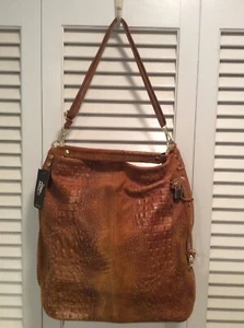 LEATHER  XLARGE SHOULDER CROSSBODY CROCO EMBOSSED COGNAC COLOR MADE IN ITALY NWT - Picture 1 of 12