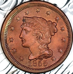1855 UPRIGHT 55 PRISTINE+ GEM BU MS BRAIDED HAIR LARGE CENT DC98 FROM COLLECTION - Picture 1 of 3