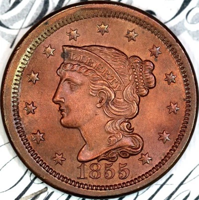 1855 UPRIGHT 55 PRISTINE+ GEM BU MS BRAIDED HAIR LARGE CENT DC98 FROM COLLECTION - Image 1 of 3
