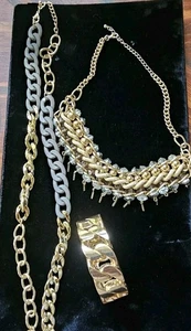 3p Lot Statement Chain Bib Bi Tone Enamel Cuban Link Cuff Hinged Metal Bracelet - Imagen 1 de 11