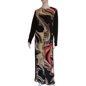 Vintage 1960s Black Long Sleeve Polyester Jersey Knit Mod Print Maxi Dress - Picture 1 of 5