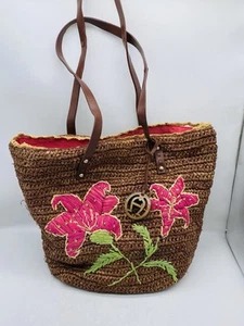VTG Etienne Aigner Woven Straw Tote Hand Bag Brown Pink Flowers Maui Collection - Picture 1 of 9