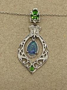D'JOY 925 Ster. Fire Opal Tourmaline Gem Butterfly 1 3/8" Pendant Necklace 20" - Picture 1 of 13