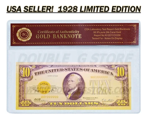 24K .999 GOLD 1928 $10 GOLD CERTIFICATE BANKNOTE WITH COA (CERT OF AUTHENTICITY) Cover