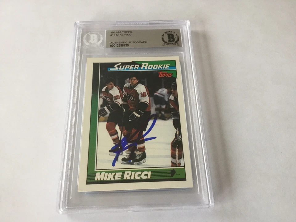 Tarjeta de radiocontrol firmada por Mike Ricci autografiada 91/92 Topps losa Beckett certificado de autenticidad BAS a Foto 1 de 2