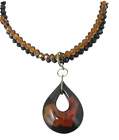Amber Teardrop Murano Glass Pendant Necklace with Double Strand Crystals - Itali