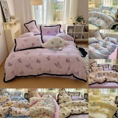 Set lenzuola copriletto trapuntato twill di cotone cartone animato Kuromi Melody Cinnamoroll - Immagine 1 di 4