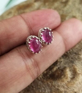 Crown Pink Ruby Oval Cab Stud Earrings 925 Sterling Silver Vintage Earrings - Picture 1 of 12