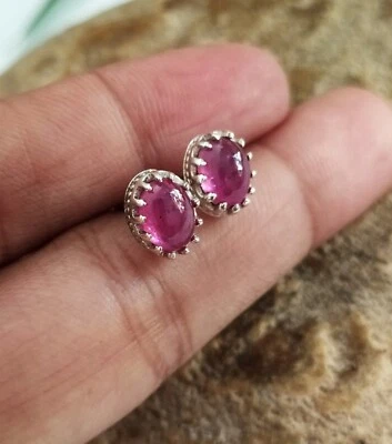 Crown Pink Ruby Oval Cab Stud Earrings 925 Sterling Silver Vintage Earrings - Image 1 of 4