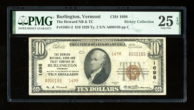 DBR 1929 $10 Burlington VT Type 2 National Fr. 1801-2 PMG 25 EPQ Serial A000189 - Image 1 of 2