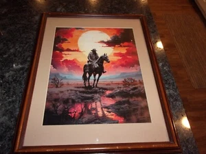 WESTERN ART - COWBOY SUNSET - FRAMED AND MATTED CANVAS ART - 19" x 16" - Picture 1 of 7