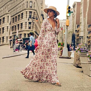 Mujeres Informal Floral Vestido Mangas Largas Bohemio BOHO Playa Cuello en V Vestidos Largos - Imagen 1 de 3