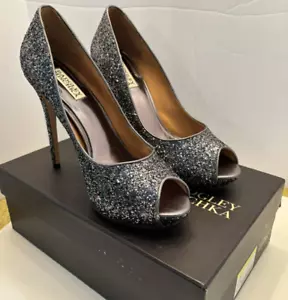 Badgley Mischka Plata Brillo "Divino" Tacón Alto Plataforma Peep Toe Zapatos Talla 10 - Imagen 1 de 11